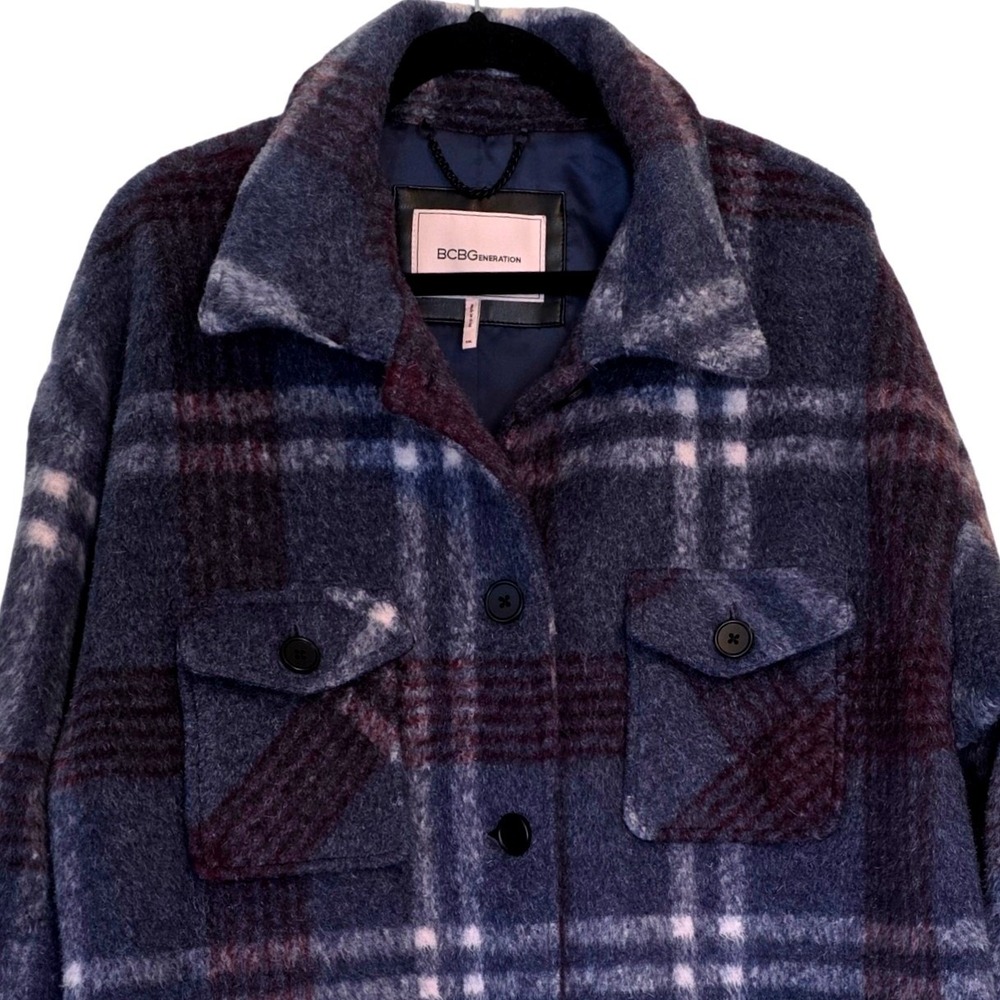 BCBGeneration Plaid Oversized Coat Jacket Burgundy Purple Blue White Plaid XXL